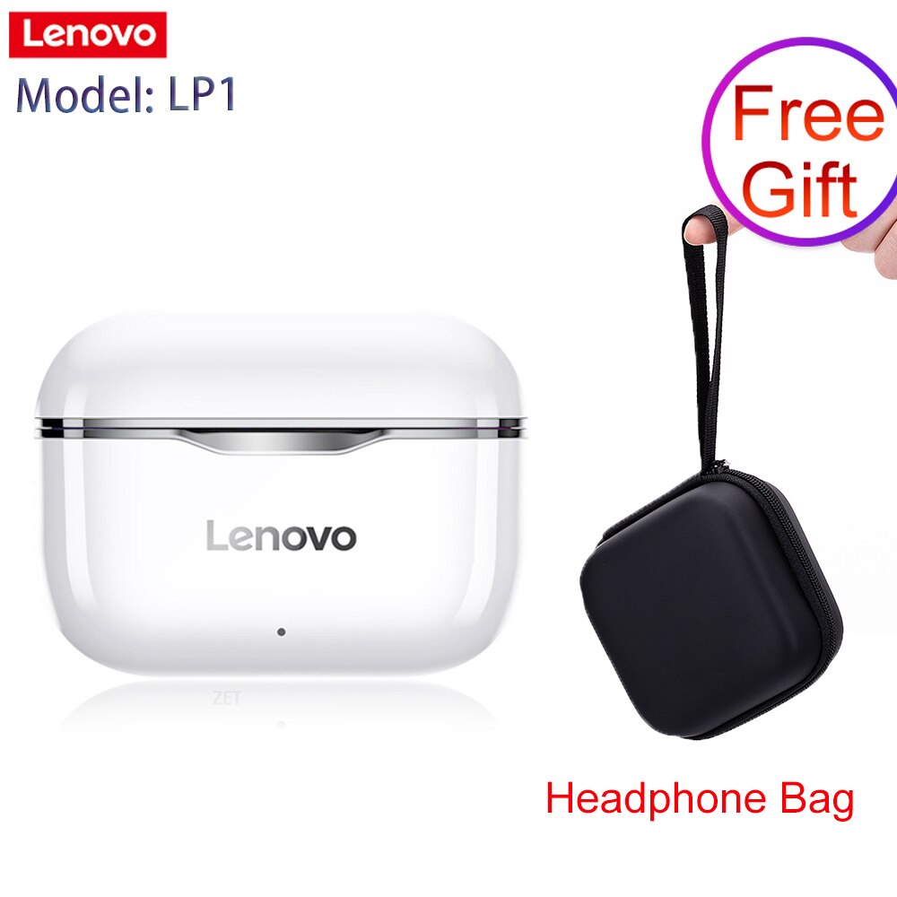 Lenovo LP1 TWS Wireless Earbuds BT5.0 True Wireless Headphones Dual Stereo Noise Reduction Bass Sport Headset with Mic 300mAh: Gray with Bag