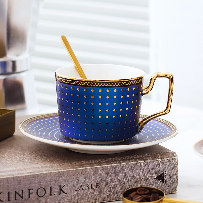 Porcelain Travel Coffee Cup And Saucer Set Eco Friendly Reusable Cup And Saucer European Filizanki Do Kawy Drinkware BD50CS: Blue