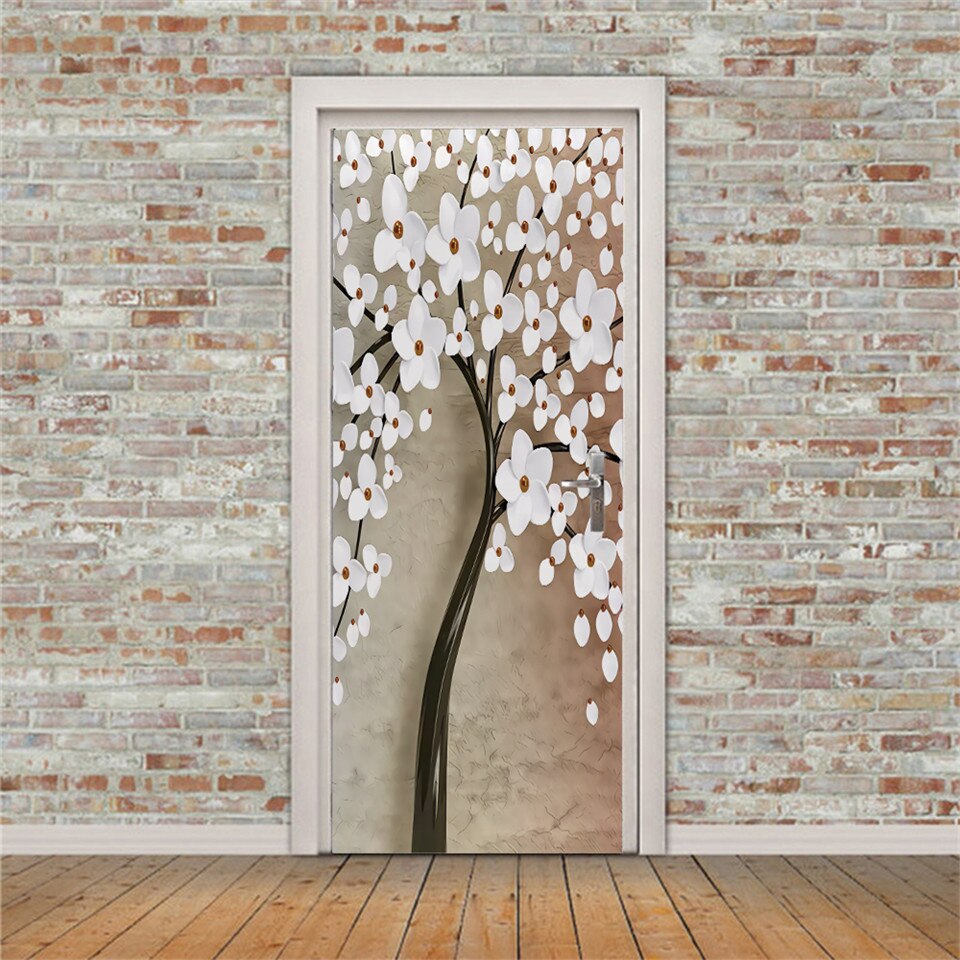 White Flower Door Sticker 3D Self-adhesive PVC DIY Wallpaper For Bedroom Home Art Decoration Door Renovation Poster Wall Decal