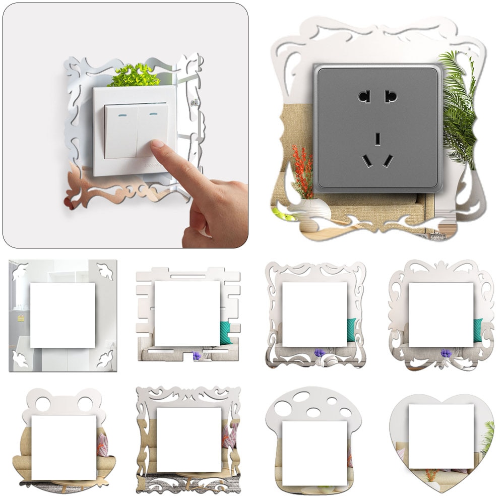 Mode Schakelaar Stickers Plug Base Framing Home Decor Woonkamer Ornament Zilveren Bloem Decal Fotolijst Spiegel Muur Artrt
