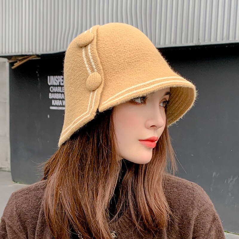 Chapéu de pescador feminino outono e inverno all-match bonito botão design moda aba larga bacia chapéu balde chapéu: Khaki