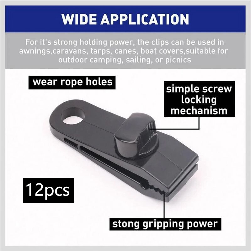 12Pcs Fixed Plastic Clip Reinforcement Clip with 12 Carabiner for Outdoor Tent Awnings Caravans Boat Covers