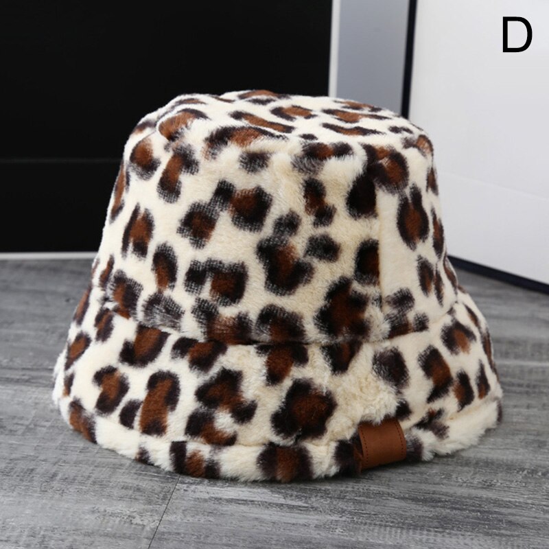 Korea kvinder efterår vinter vintage leopard plys bucket cap faux fur plys sød dejlig fisker hat varm kasket dame: D