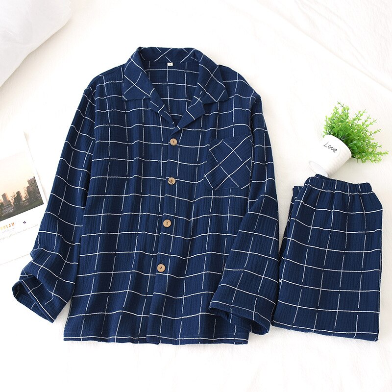 Spring Japanese pajamas sets men sleepwear 100% crepe cotton simple Starry sky casual male long sleeve pyjamas: ZB Plaid Deep Blue / XL 80-92kg