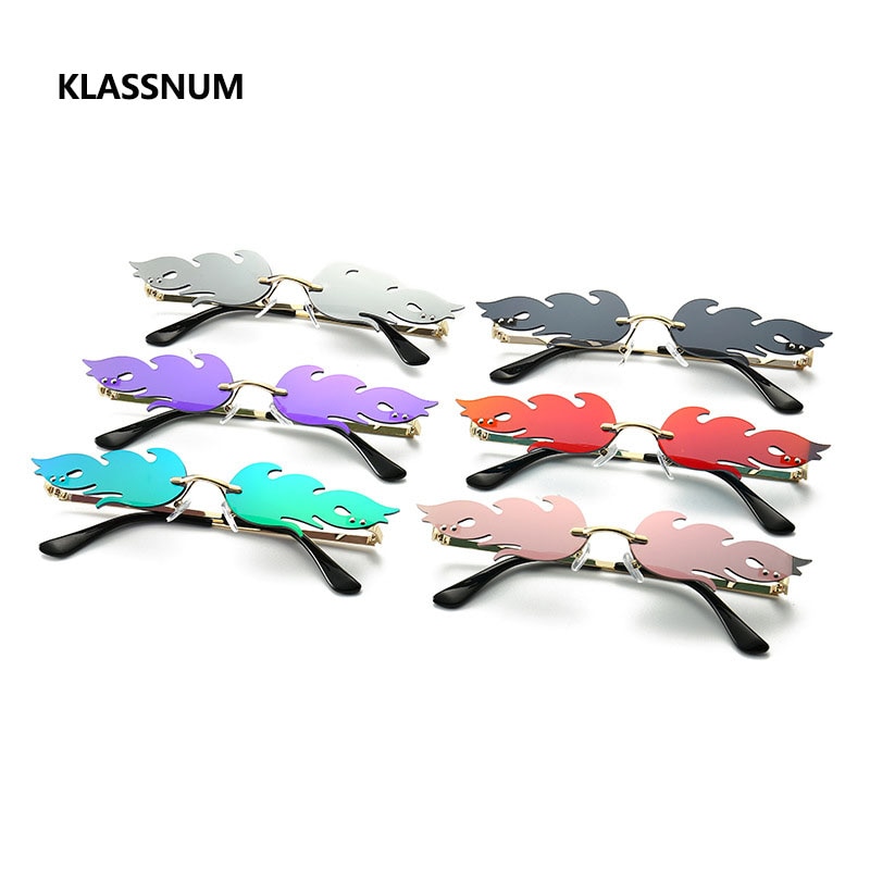 Gafas de sol KLASSNUM de lujo a la con llamas de fuego para mujer, gafas de sol con ondas sin montura, gafas de sol de Metal para mujer Vintage, gafas de espejo UV400