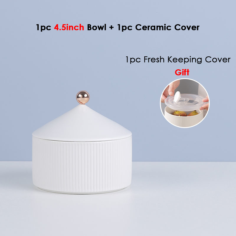 Nordic White Ceramic Bowl with Cover Fruit Snacks Cookies Food Storage Container Serving Dishes Sealed Fresh Keeping Salad Bowls: 4.5 inch 1pc