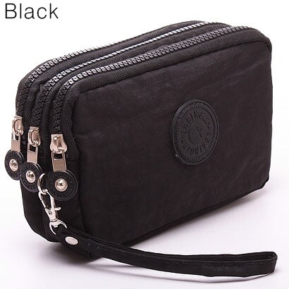 Coin Purse Women Small Wallet Washer Wrinkle Fabric Phone Purse Three Zippers Portable Make Up bag: black bag