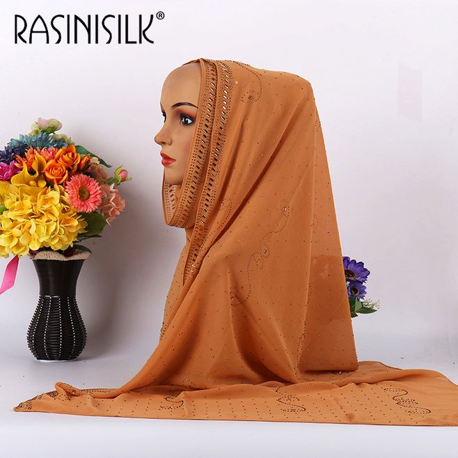 en promo | Promo! Foulard musulman en mousseline de soie pour femmes | Écharpe supérieure avec des strass et des diamants scintillants, écharpe longue et châle, foulard de style islamique malaisien: 15 rust yellow