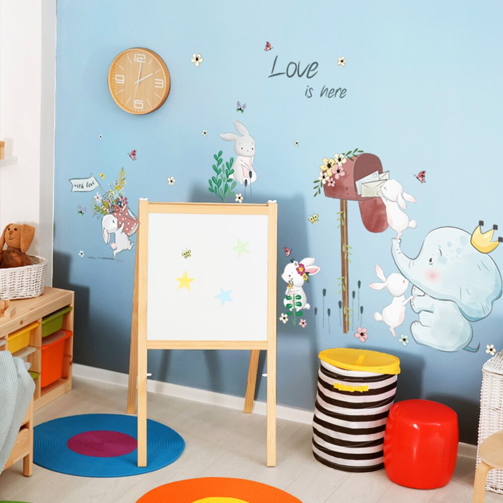 Cartoon Elephant Rabbit Animal Wall Stickers Kids Room Decoration Vinyl Wallpaper Baby Bedroom Wall Decals