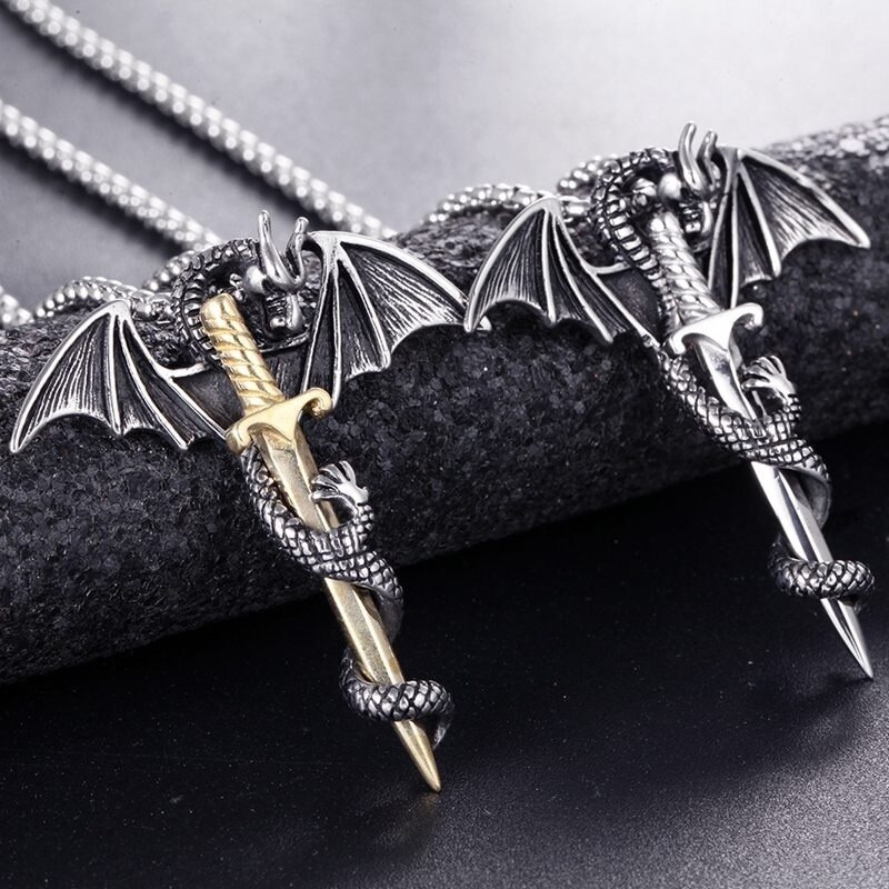 Retro Viking Pterodactyl Heilige Zwaard Vorm Hanger Ketting Heren Ketting Metal Sliding Draak Ketting Accessorie Party Sieraden