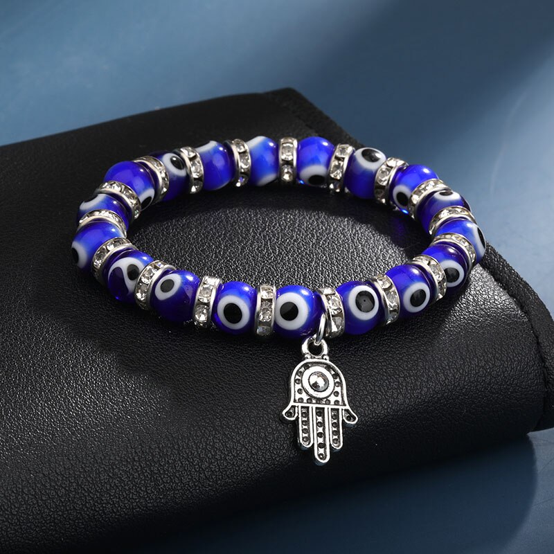 Mode Zilveren Kleur Evil Armband Blue Eye Armbanden Hamsa Hand Voor Vrouwen Bead Charm Armband Etnische Stijl Handgemaakte Sieraden