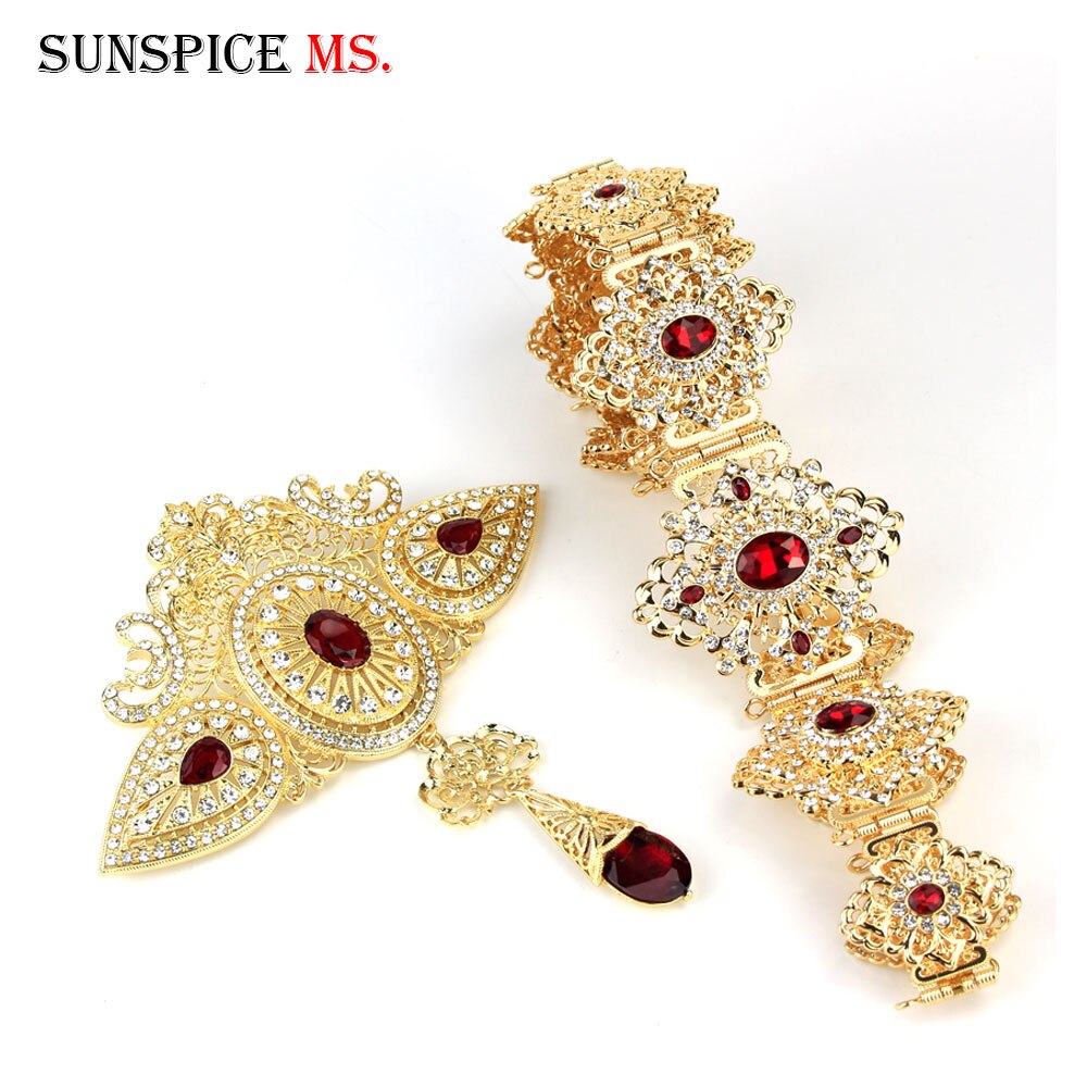 Sunspicems marokkanske bryllupssmykker sæt kaftanbælte broche til kvinder guldfarve rød krystalbrud