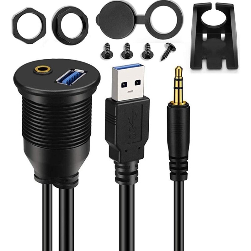 Usb Auto Mount Kabel 3.5Mm + USB3.0 Aux Extension Dash Panel Waterdicht Mount Kabel Voor Auto Boot En Motorfiets-3Ft