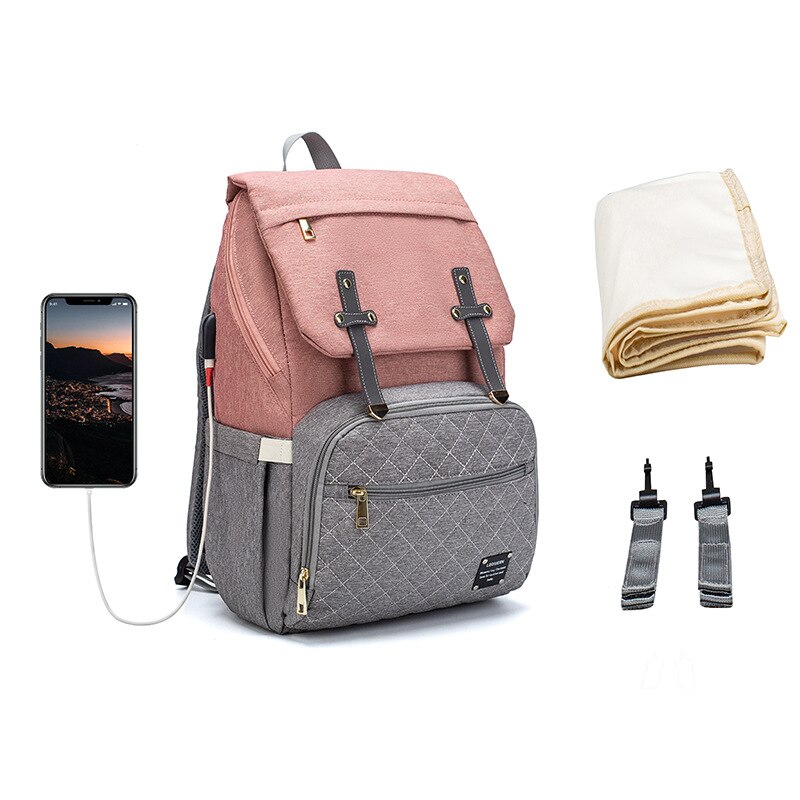 LEQUEEN USB Diaper Bag Large Capacity Nappy Bag Organizer with Changing Pad Backpack Mommy Bag Baby Stroller Bag: gray pink