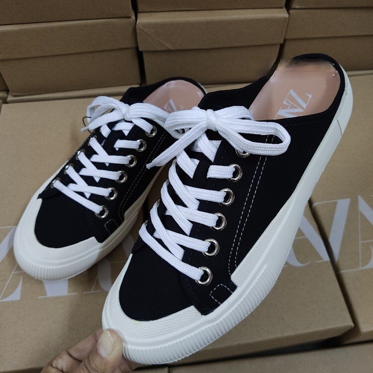 Women's Shoes Sports Canvas Shoes Flat-bottomed Half-drag Toe Cap Straps One-foot Lazy Muller Low Heel Shoes: 40