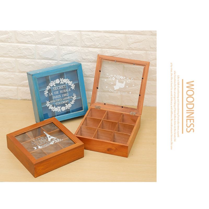 Wooden Retro Old 9 Grid Storage Rose Print Box Succulent Plants Flip Flower Square Acrylic Multi-function Desktop Storage Box