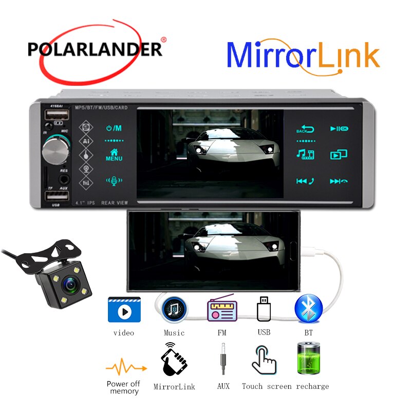 Autoradio Android 10, 5.1 pouces, résolution 1120x480, Mirrorlink, RDS, AM, FM, 4 usb, bidirectionnel, interconnexion, disque U, 1din: 4168A with camera