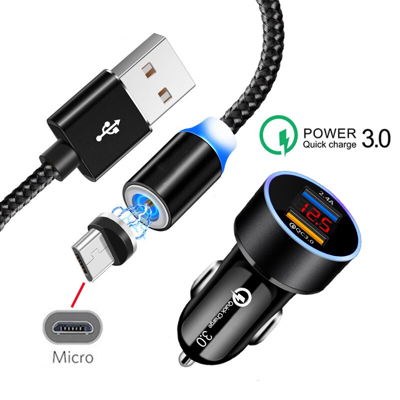 Dual USB Auto Ladegerät Micro USB Magnetische Kabel Für Huawei P Smart Plus Honor 6 7 7X 6X 5X 5C 6C 7C 7A 5A QC 3,0 Schnelle Auto Ladegerät