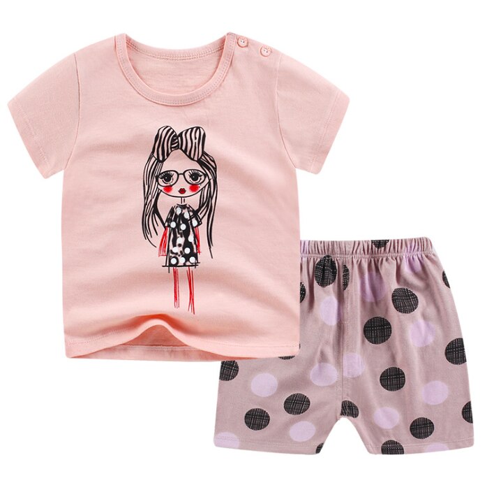 Infantile fille à manches courtes costume dessin animé Portrait impression T-Shirt + point impression Shorts coton vêtements