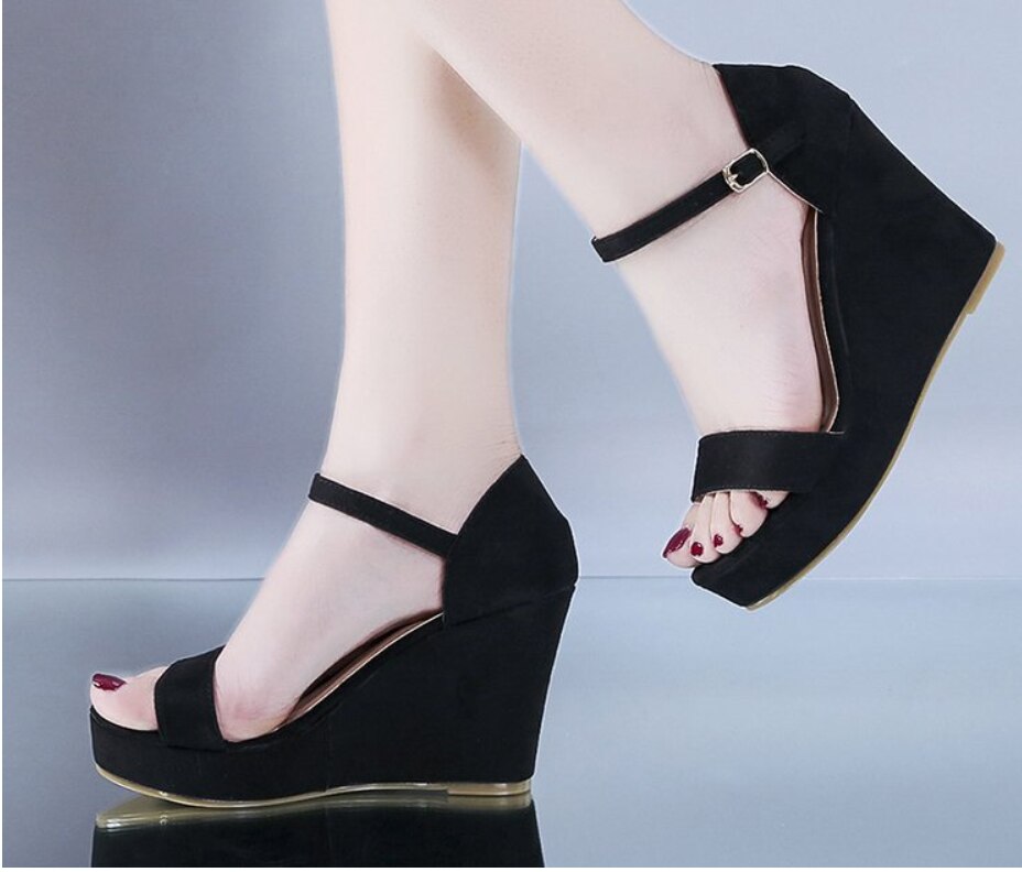 Kvinnor skor platå sandaler kvinnor peep toe hög kilar klack ankel spännen sandalia espadrilles kvinnliga sandaler skor