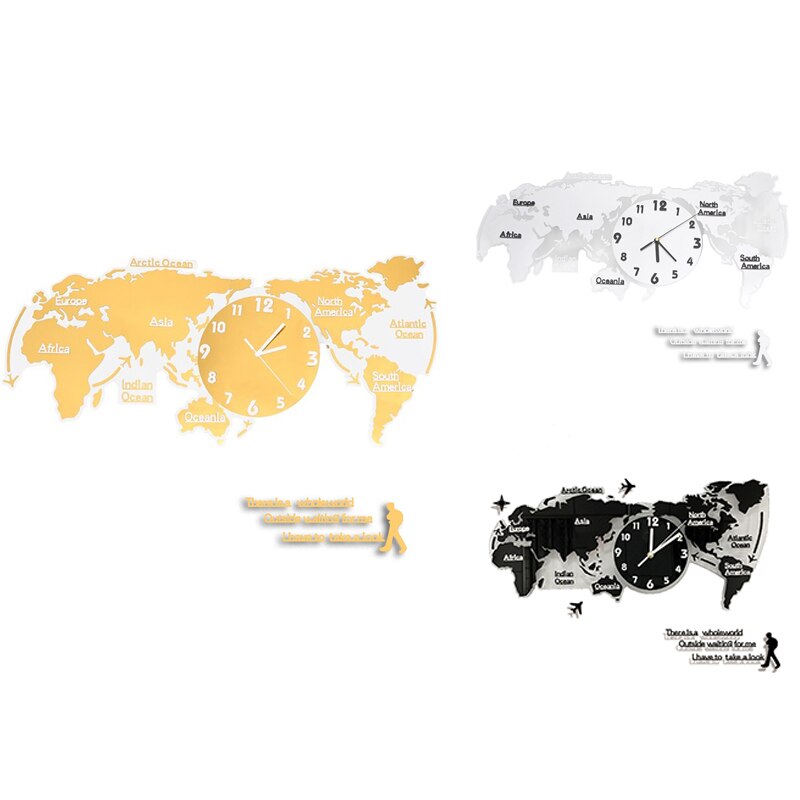 3D World Map Wall Clock Digital Modern Hanging Clock Quiet Acrylic Home Office