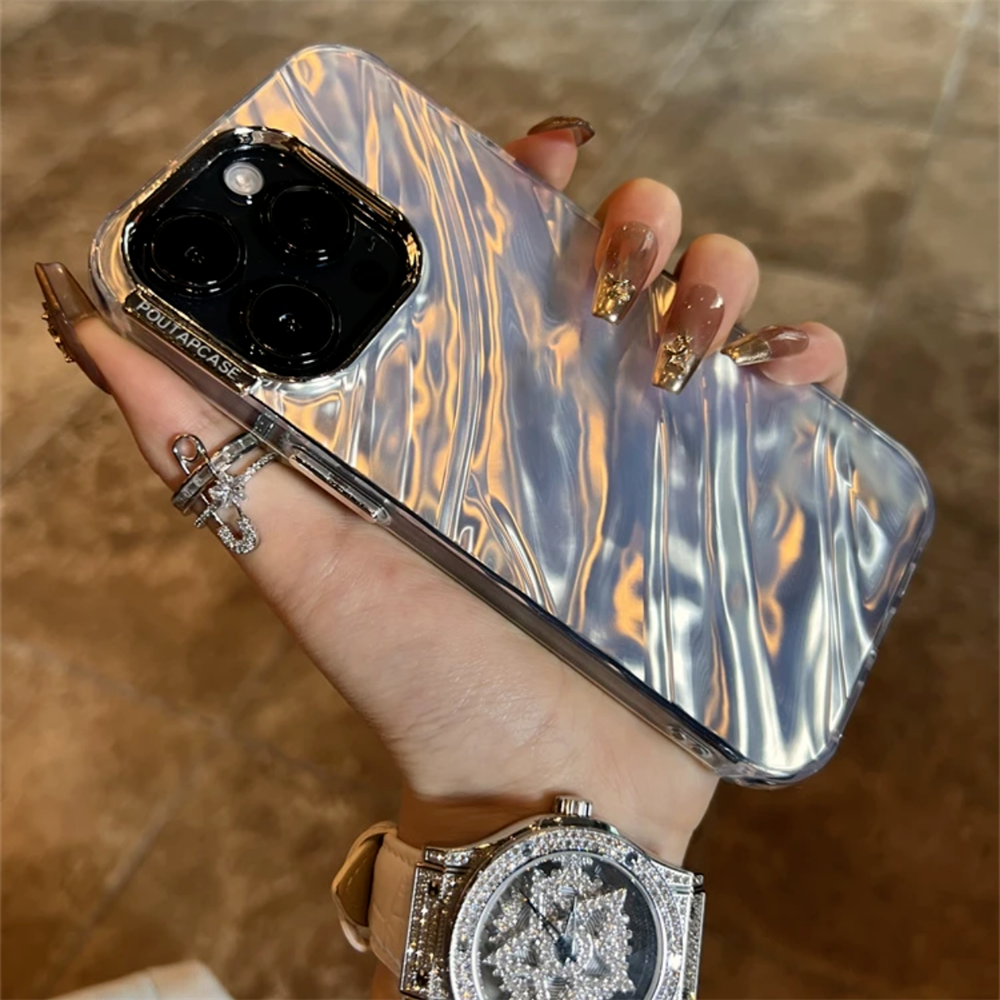 Koreanskt lyxigt pläterat vattenvågigt vikt vågigt telefonskal till iphone 14 15 pro max 11 12 pro 13 stötsäkert mjukt bakstycke: Konstgjort läder / Svart