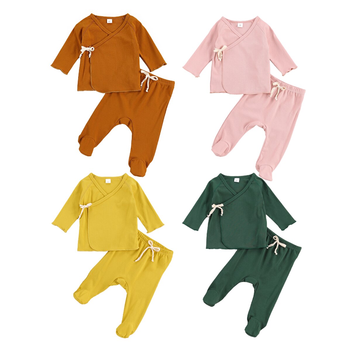 Pasgeboren Baby 'S Tweedelige Nachtkleding Pak Lange Mouwen Lace-Up Vest Top Met Gewikkeld Voet Lange Broek Nachtkleding