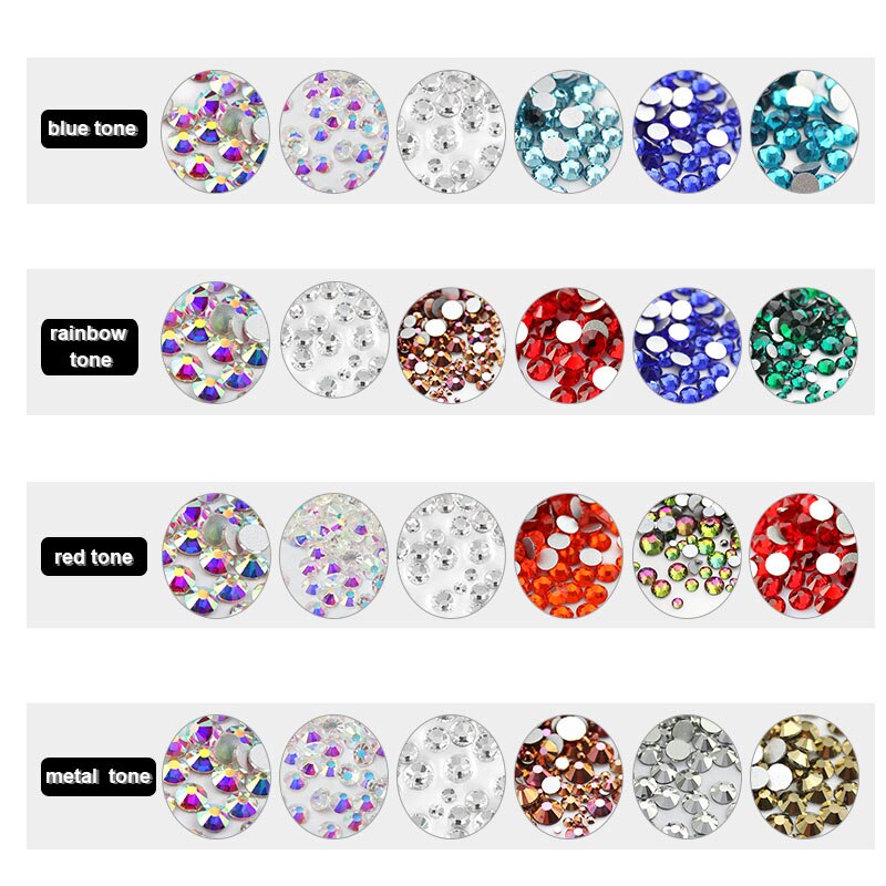 1380pcs Partitie Gemengde Size Glass Nail Strass 6 kleur Kristal Mix Maten Steentjes Voor Nagels Decoraties Strass