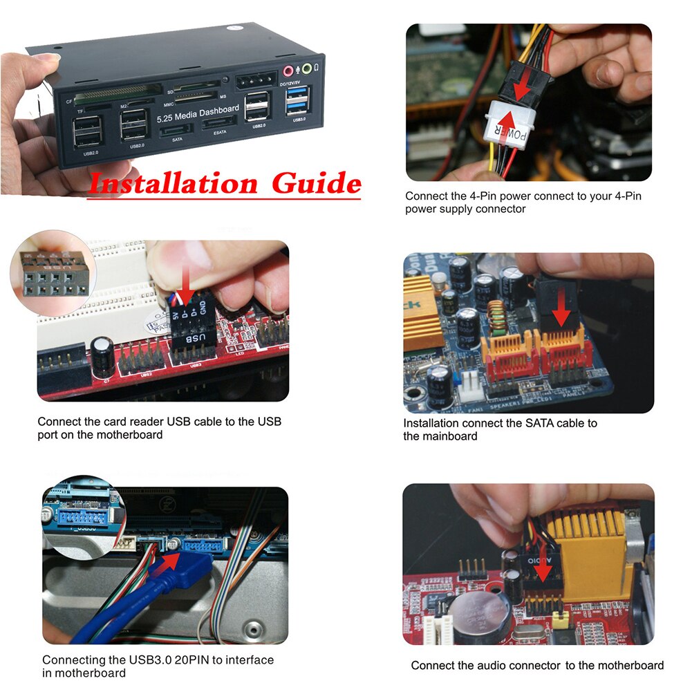 5.25inch Optical Drive Card Reader Computer Front Panel Audio Accessories Media Dashboard ESATA Internal USB 3.0 PC Multifuntion
