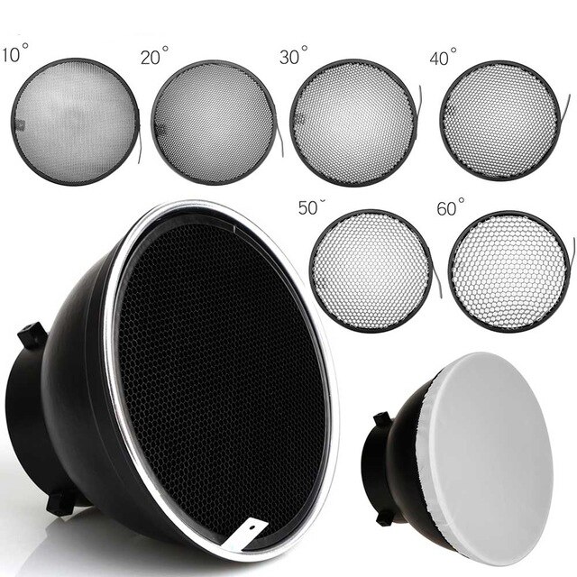 Reflector estándar de 7 pulgadas, difusor de 18cm con rejilla de nido de abeja de 10/20/30/40/50/60 grados, para flash estroboscópico de luz de estudio de montaje Bowens: All degrees