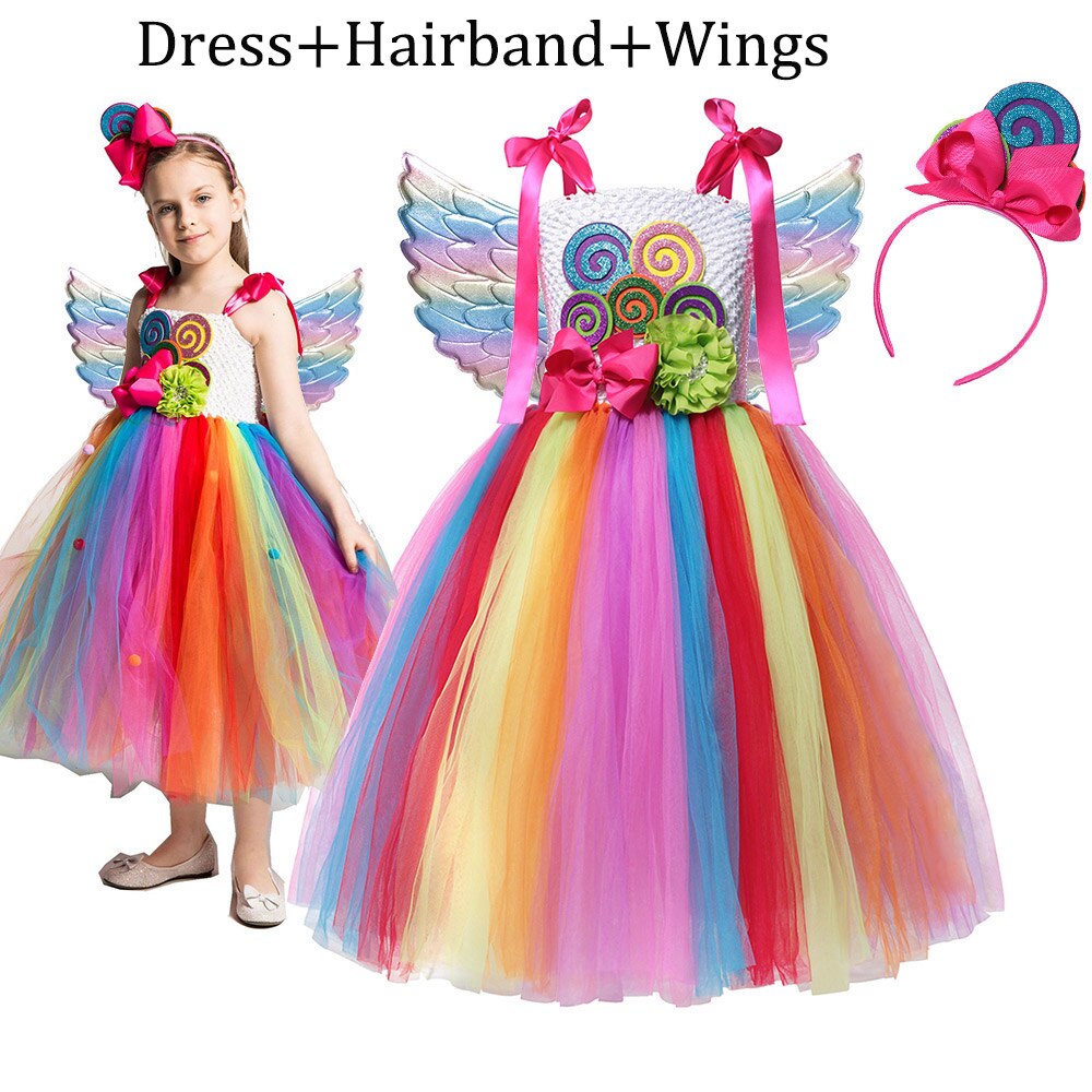 Sweet Candy Girl Clothes Summer Kids Carnival Frock Little Girl Birthday Fancy Rainbow Tutu Dress with Hairband Child Party Gown: Candy Dress A Set / S(4T)