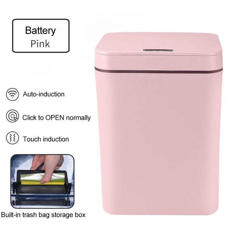 14/16L USB Charging Rubbish Can Automatic Smart Induction Trash Can Sensor Dustbin Touch Sensor Garbage Bucket for Home Kitchen: Pink-Battery / 14L
