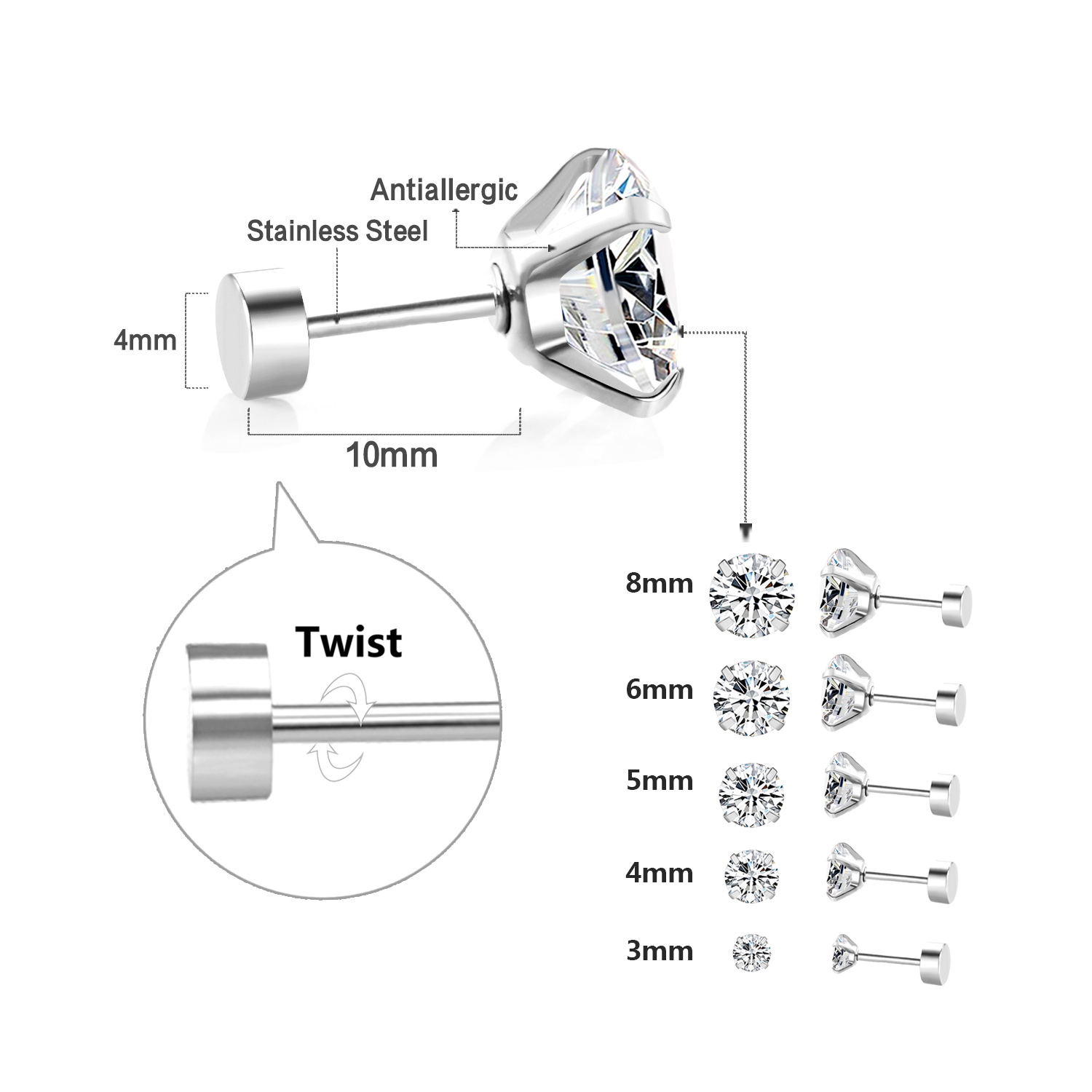 LUXUSTEEL 2Pcs Men's Crystal Zircon Studs Earrings For Women 316L Stainless Steel Cartilage Piercing Ear Anti Allergic 3-8mm: WHITE / Imitation Rhodium Plated