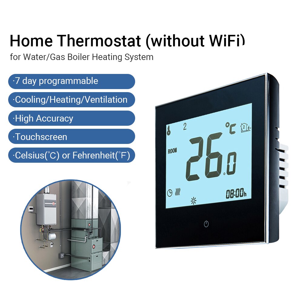 Programmeerbare thermostaat voor thuis met wifi voor water/gasboiler, slimme touchscreen thermostaat voor alleen verwarming met app en spraakbediening: Zwart zonder wifi