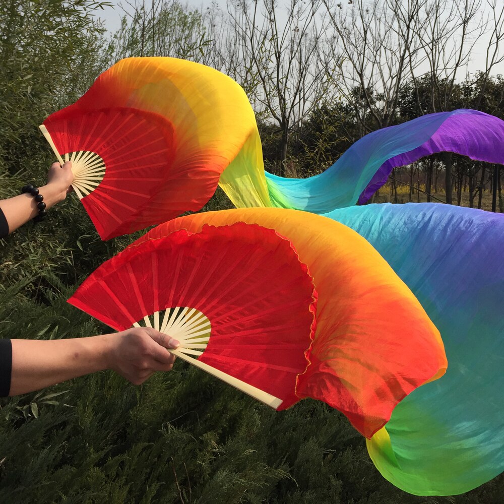 Gratis gemengde Regenboog kleuren 100% echte zijde lange Fan Veils voor Buikdansen of Show