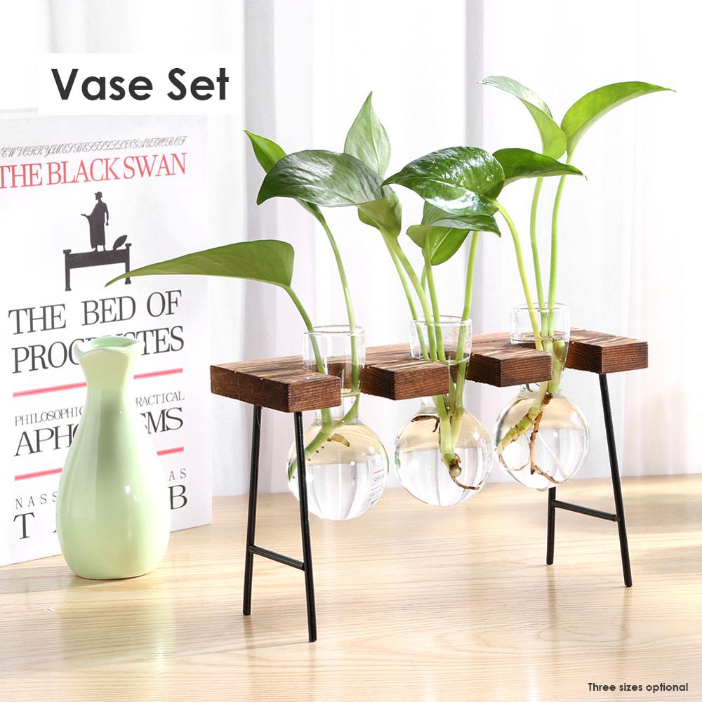 Glas og træ vase plante terrarium bord desktop hydroponics plante bonsai urtepotte hængende potter med træbakke boligindretning