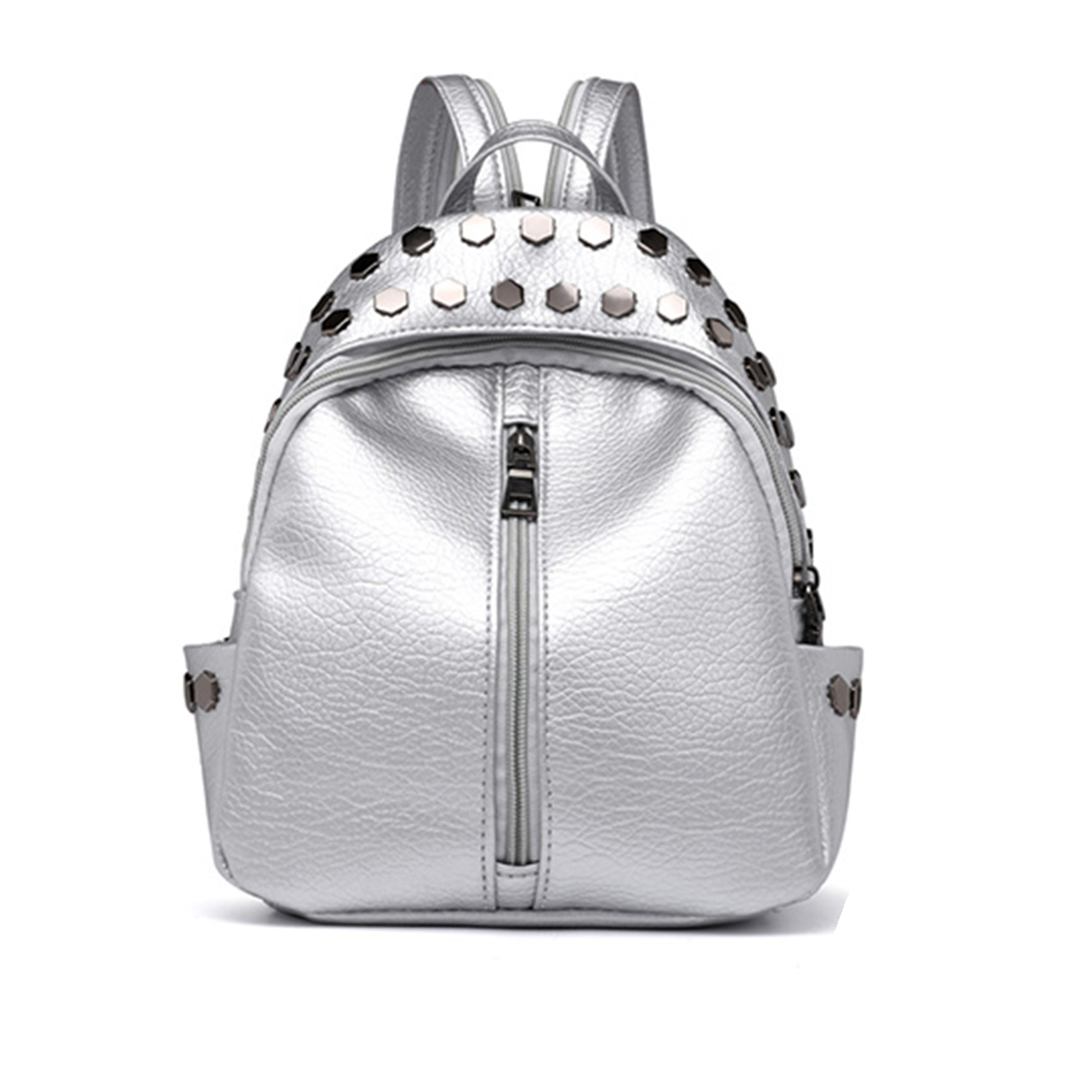 nouvelle femmes sac à dos clouté en cuir PU Hip Hop sac à bandoulière voyage en plein air sac d'école: Argent