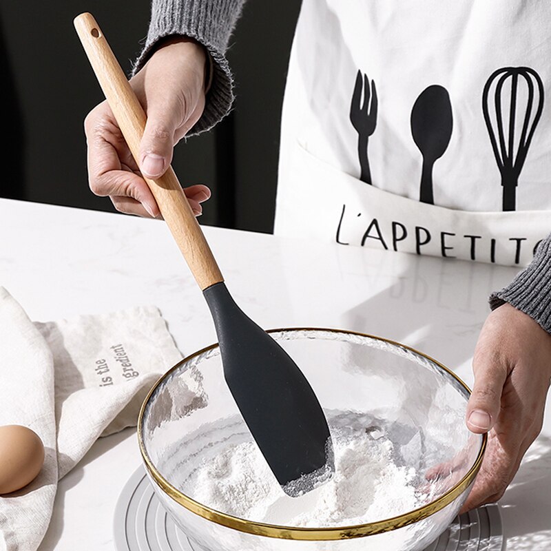 8 stykke silikone køkkenredskaber sæt silikone spatel slidset turner suppe ske slev køkken madlavning værktøj sæt med træ håndtag