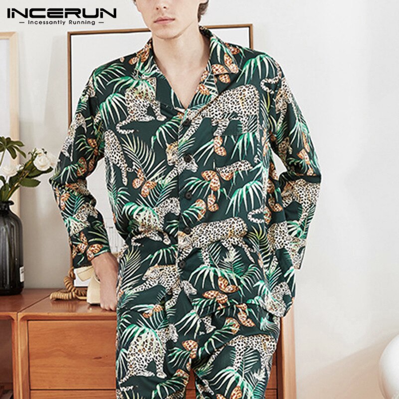 Incerun mænd nattøj sæt trykte langærmede toppe & bukser løst hjemmetøj 2 stk nattøj herre pyjamas sæt s -5xl