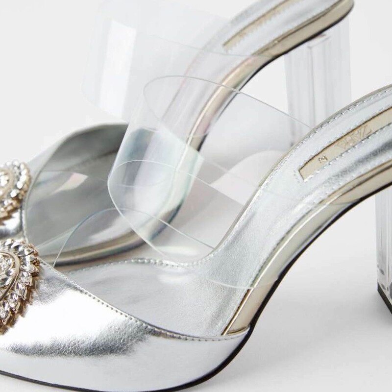 Summer Sandals for Women with Pointed V Shallow Chunky heel Transparent Belt With Crystal buckle Slingbacks