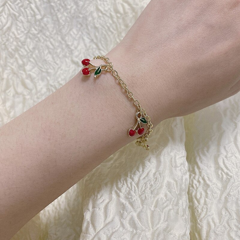 AOMU Summer Korea Small Cherry Fruit Pendant Bracelet Sweet Girl Simple Bracelet For Women Jewelry Party