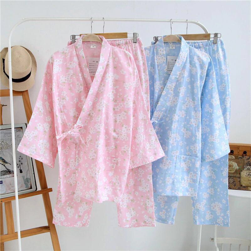 Pyjama traditionnel japonais Yukata en coton, Kimono, costume de printemps, pantalon à manches longues, col en v, imprimé fleur de cerisier,