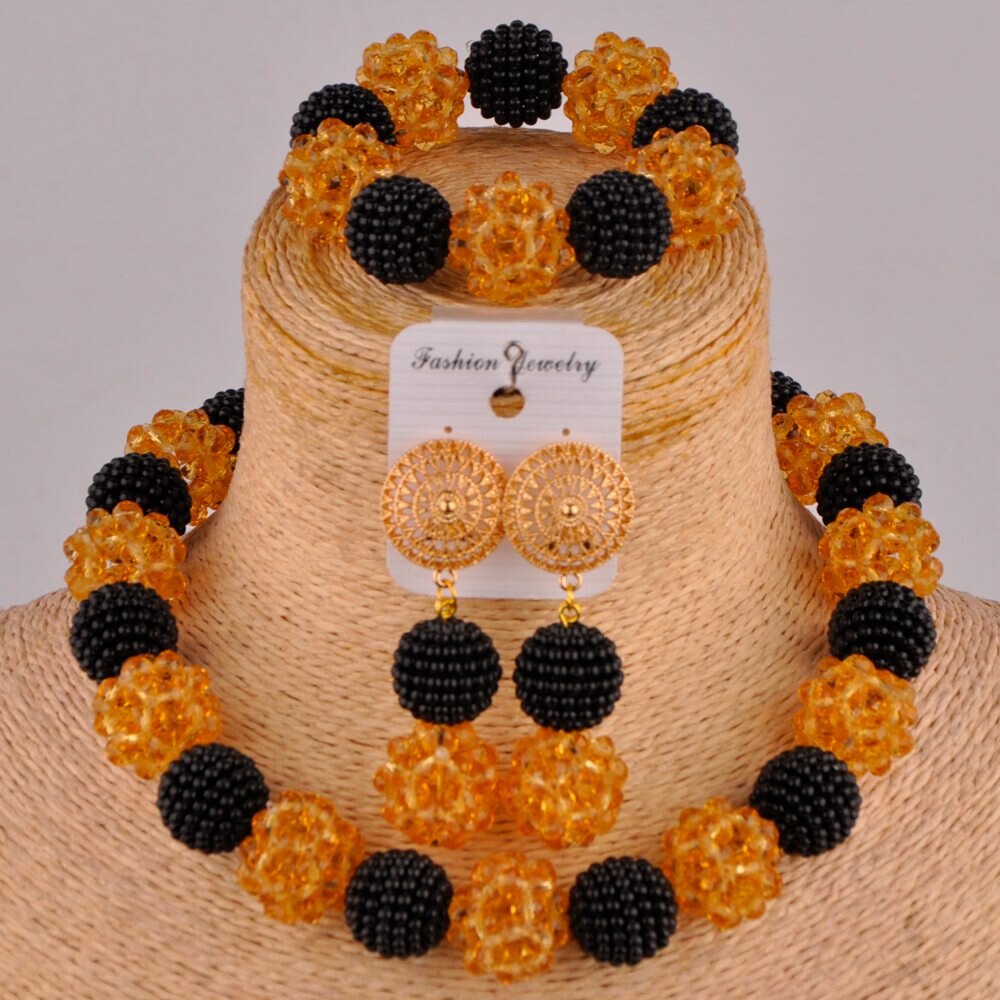 Royal Blue and Yelow African Beads Jewelry Set: Black Gold