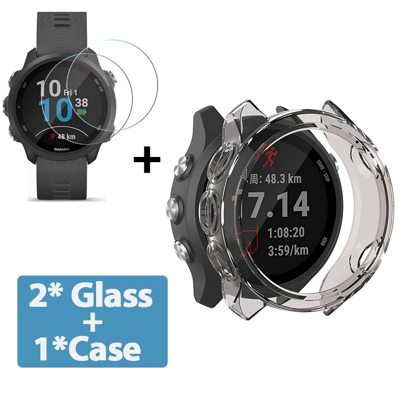 2-In-1 Protector Case + Screen Protector Voor Garmin Forerunner 245 245 Muziek Zacht Tpu Beschermhoes shell Gehard Glas Film: Grijs