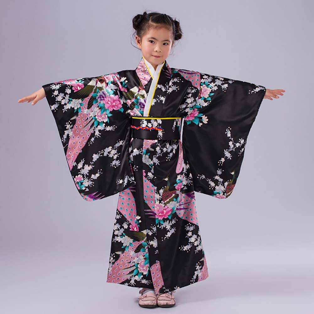 Kinder Mädchen Vintage Floral Kimono Yukata Japanischen Traditionellen Kostüm Silk Satin Kimono Robe Kleid für Kinder Geisha Cosplay: Black / M