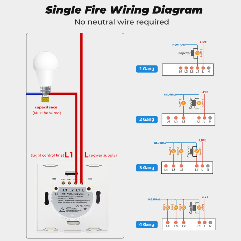 Geen Neutrale Draad Nodig Tuya Wifi Smart Touch Schakelaar 1 2 3 4 Bende Lichtschakelaar Smartlife App Controle Werk met Alexa Google Thuis