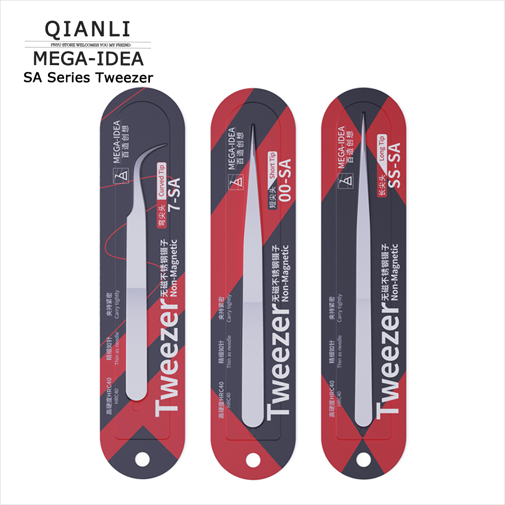 Tweezer QIANLI MEGA-IDEA 7-SA Bent tip 0.15mm 00-SA Non-Magnetic Stainless Steel Short Pointed SS-SA Long Pointed Repair Clip: 3 in 1