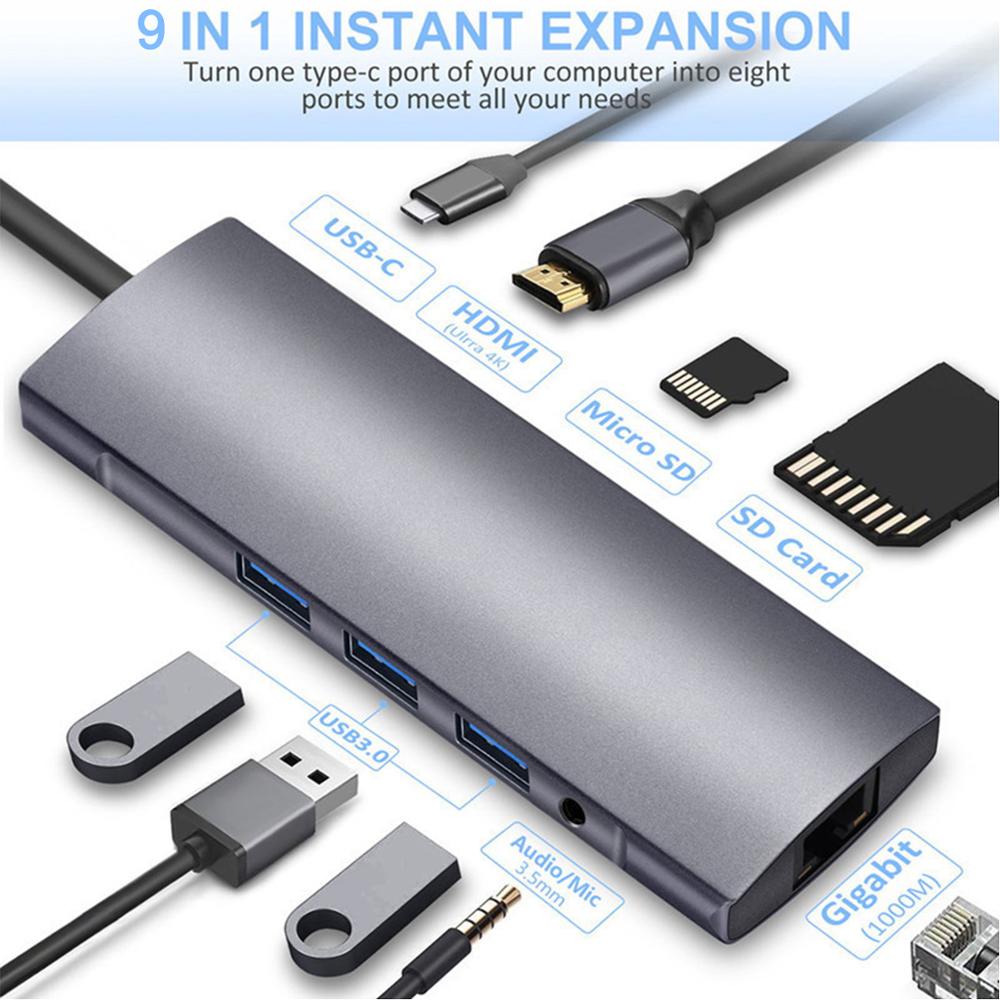 9 in 1 USB Type C Docking Station USB C to 4K HDMI/USB3.0/Gigabit Network/PD Charging/SD/TF Card Reader/3.5mm AUX for Laptops