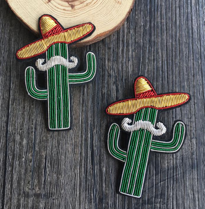 Kaktus z kapelusz broda jedwabiu łatka broszka indie jedwab drutu ręcznie naszywka łatka materiałowa moda odzież dekoracji