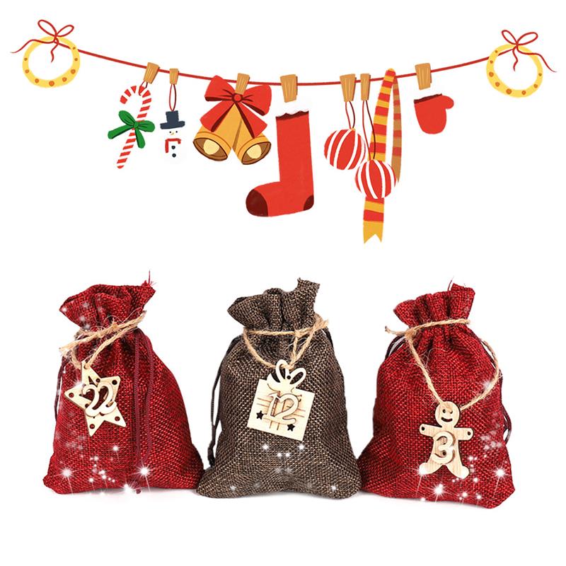 Christmas Calendar Bag Environmentally-Friendly 24 Advent Calendar Burlap Bag, Durable Hanging Drawstring Bag